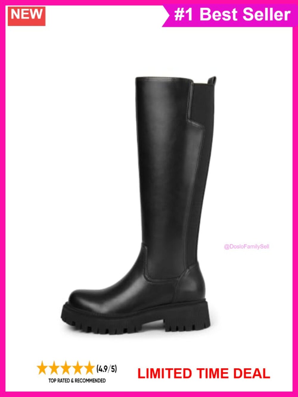 Womens Knee High Platform Boots Faux Leather Block Heel Stretch Side Zip